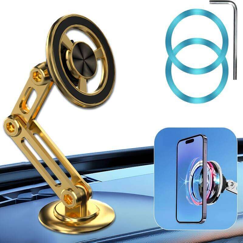 Phone Holder ( gold ) Metal MagSafe Magnetic Foldable Adhesive Car Dashboard Anti-Shake Navigation Support