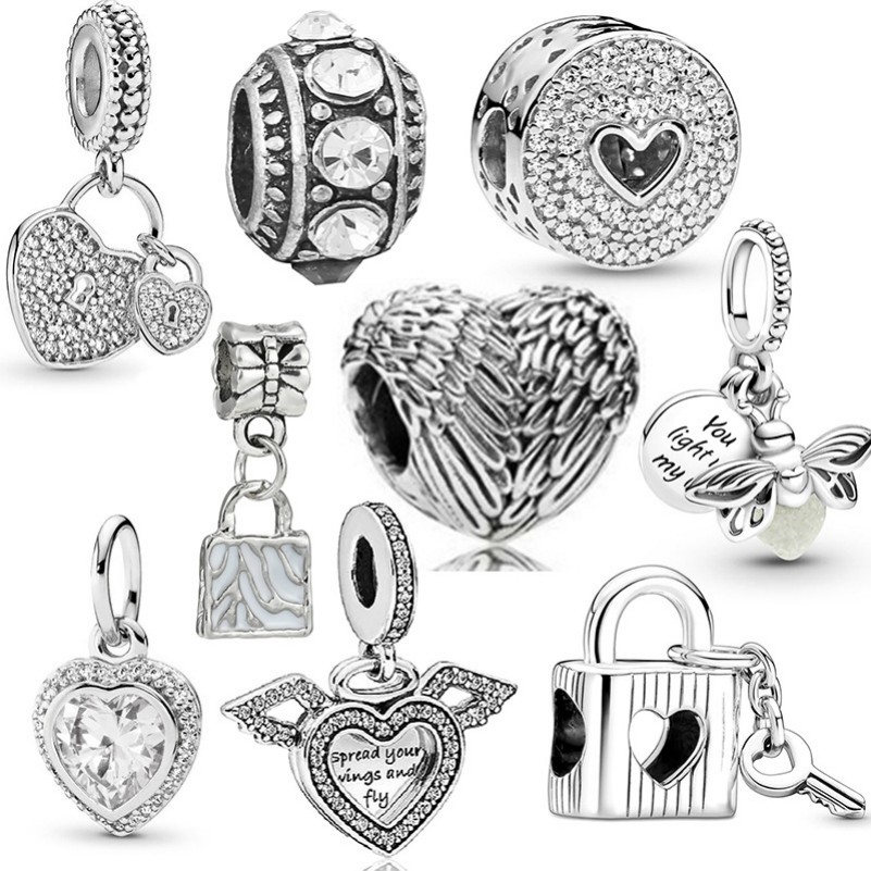 New Diy 925 Sterling Silver Plated Angel Feather Wings Double Heart Lock Key Pendant Bead Fit Original European Charms Bracelet Necklace For Women Jewelry Making