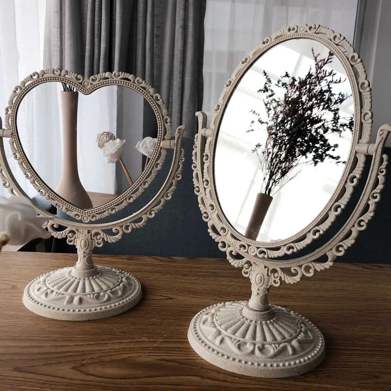 Rotating Vanity Mirror Beige Makeup for Dresser Girl Desk Plastic Vintage Chic Details C250916