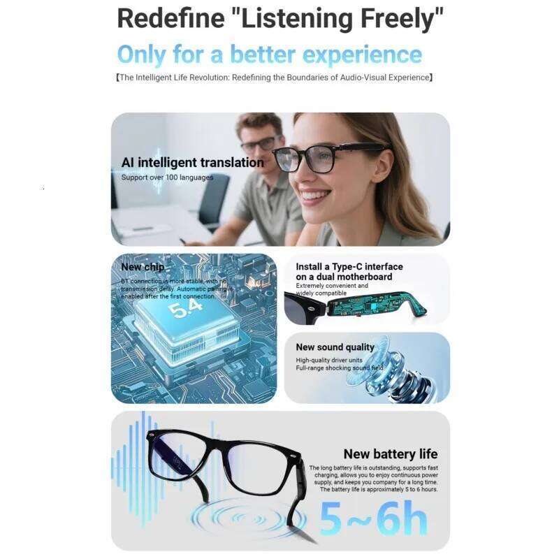 2025 Smart AI Translation 100+ Languages Make Receive Calls Music Calling Noise Reduction Light BT TWS Glasses Men Women