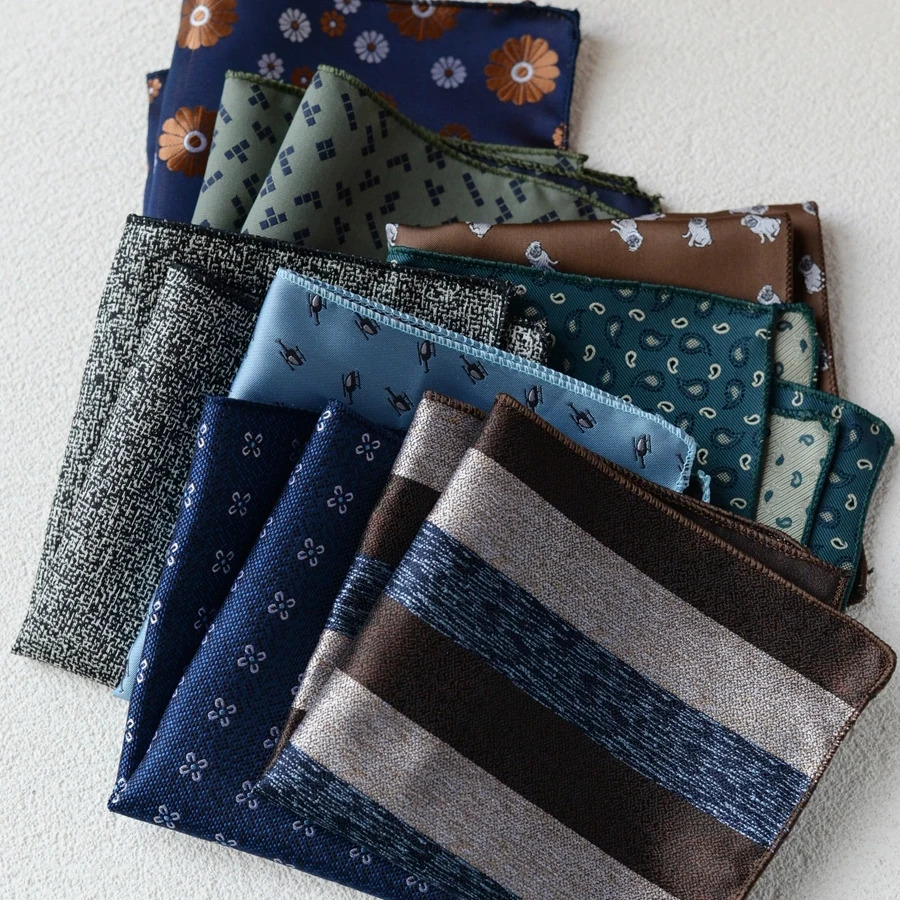 2025 Formal Pocket Square Navy Striped Floral Silk Handkerchief 24cm Brown Color Hanky Wedding Banquet Accessories Cravat250915