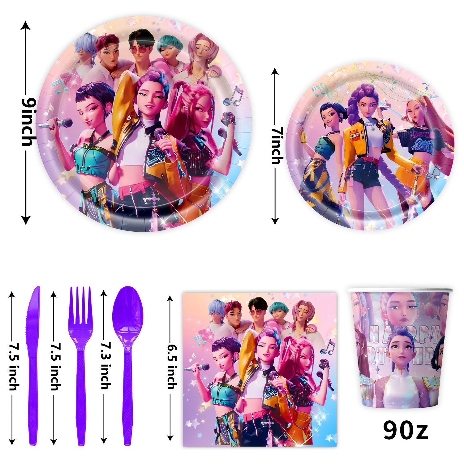 KPop Girl Demon Hunter Birthday Party Decorations Purple Disposable Tableware Anime Pink Balloons Backdrop Banner Cake Toppers Decor