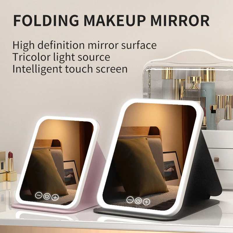 3 Colors Dimmable LED Makeup Mirror with Touch Screen Fold Cosmetic Makeup Mirror Rechargeable Tabletop for Travel Home Use C250916