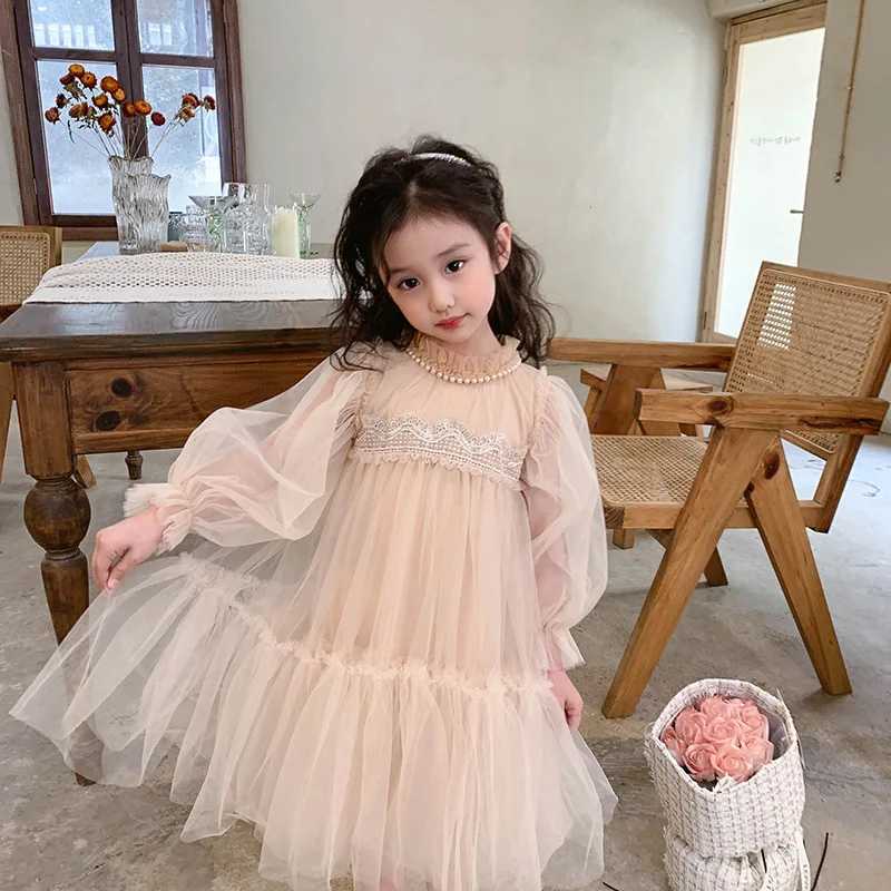 Korean Style Kids Girl Princess Dress Round Collar Party Dresses with Lace Mesh Long Sleeves for Children Clothing E99011 C250916