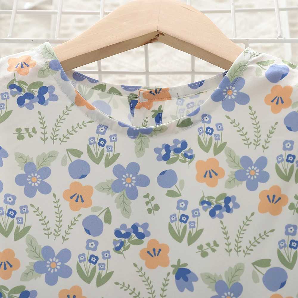 Summer Dress Childrens Clothing Round Neck Flying Sleeve Flower Printing Dress Girls Casual Dress C250916