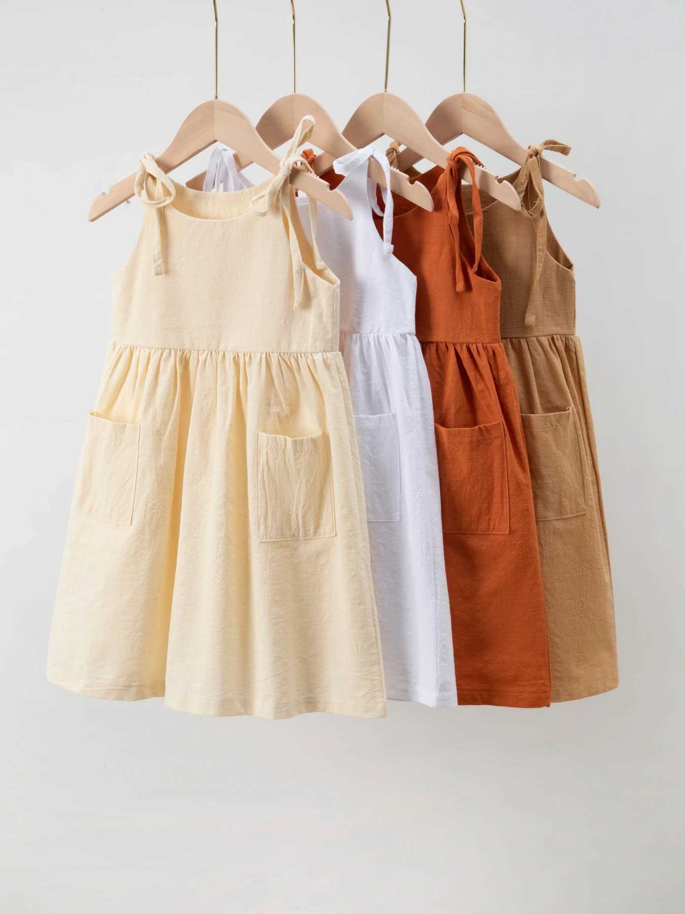 hot sales spring summer fall fashion solid color linen big pocket laceup slip dress baby girl dress designs C250916