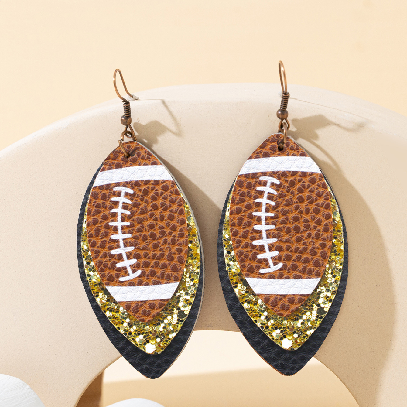 Sporty Rugby Brown Leopard Print Leaf ThreeLayer Leather Studded Rugby Earrings