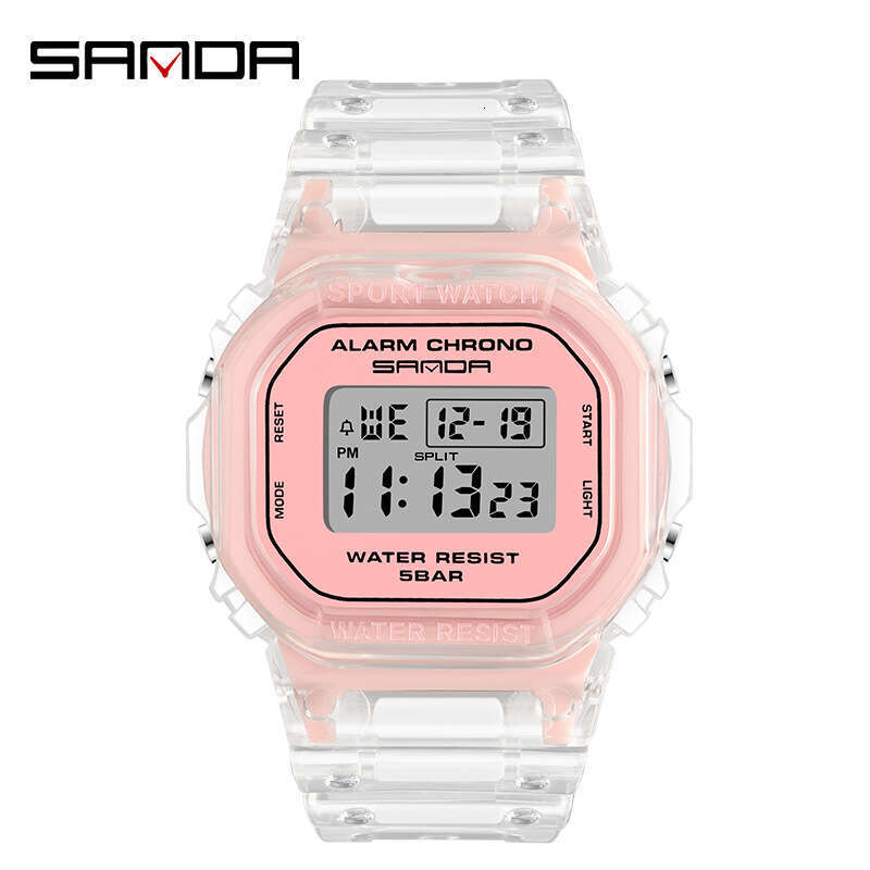 DHgargets Sanda Square Transparent Strap Electronic Watch Multi-Function Luminous Waterproof Outdoor Sports Student Wristwatch