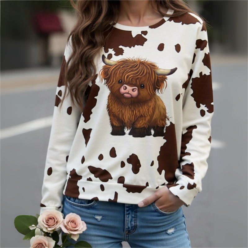 Women's Cute Highland Cow Print Sweatshirt Round Neck Long Sleeve Casual Fashion Pullover Top CF41460