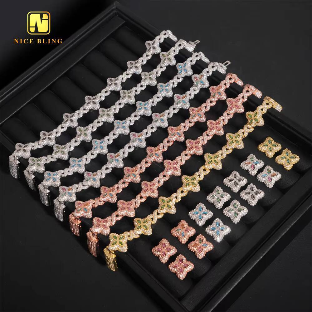 Hot Sale 15mm Hip Hop Jewelry Pear Cut VVS Moissanite 925 Silver Iced Out Bracelet Earrings Set Mix Color Diamond Cuban Chain