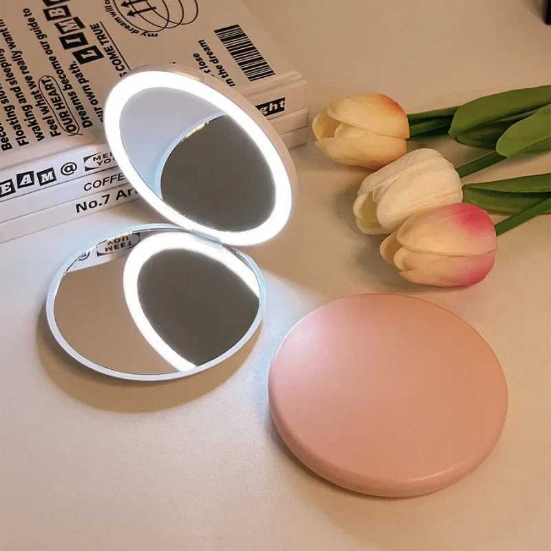Makeup mirror portable small mirror with light led makeup mirror pocket mini handheld luminous folding round mirror Y2509161