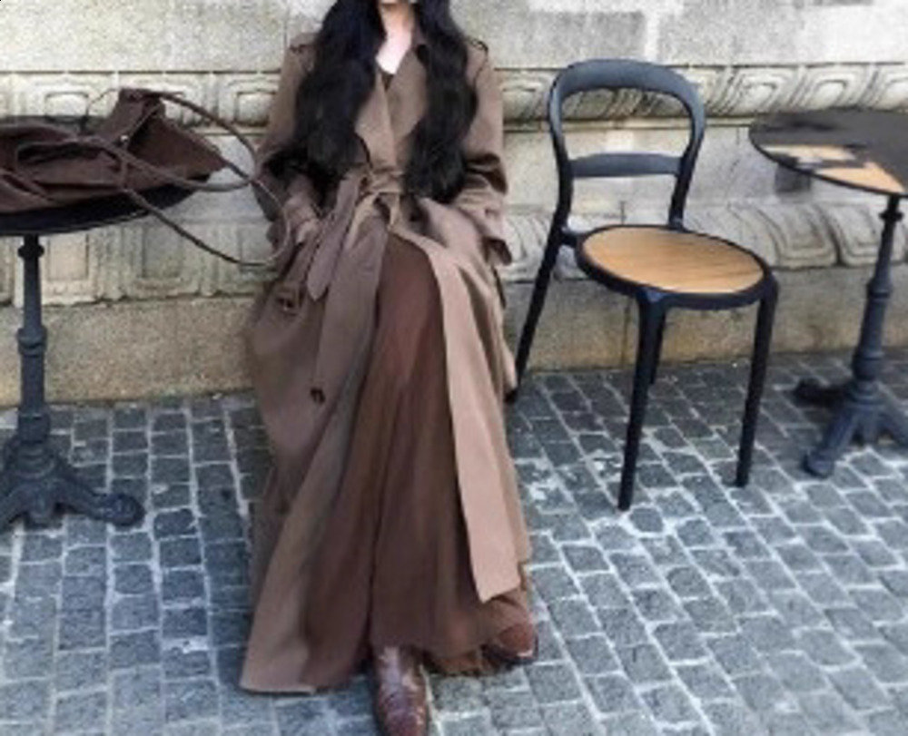 Brown Double Breasted Lapel Lace-up Long Sleeve Trench Coat Women Fashion 240926