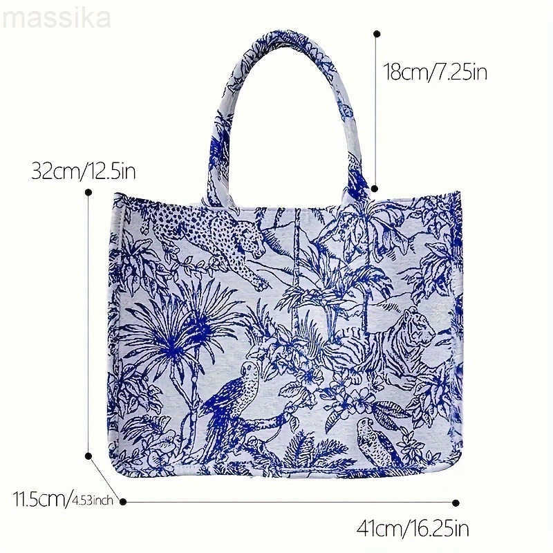 Casual Accessories Large Retro Embroidered Black and White Jungle Animal Print Tote Bag Large Capacity Lightweight Shopping Bag Fixed Shoulder Strap P