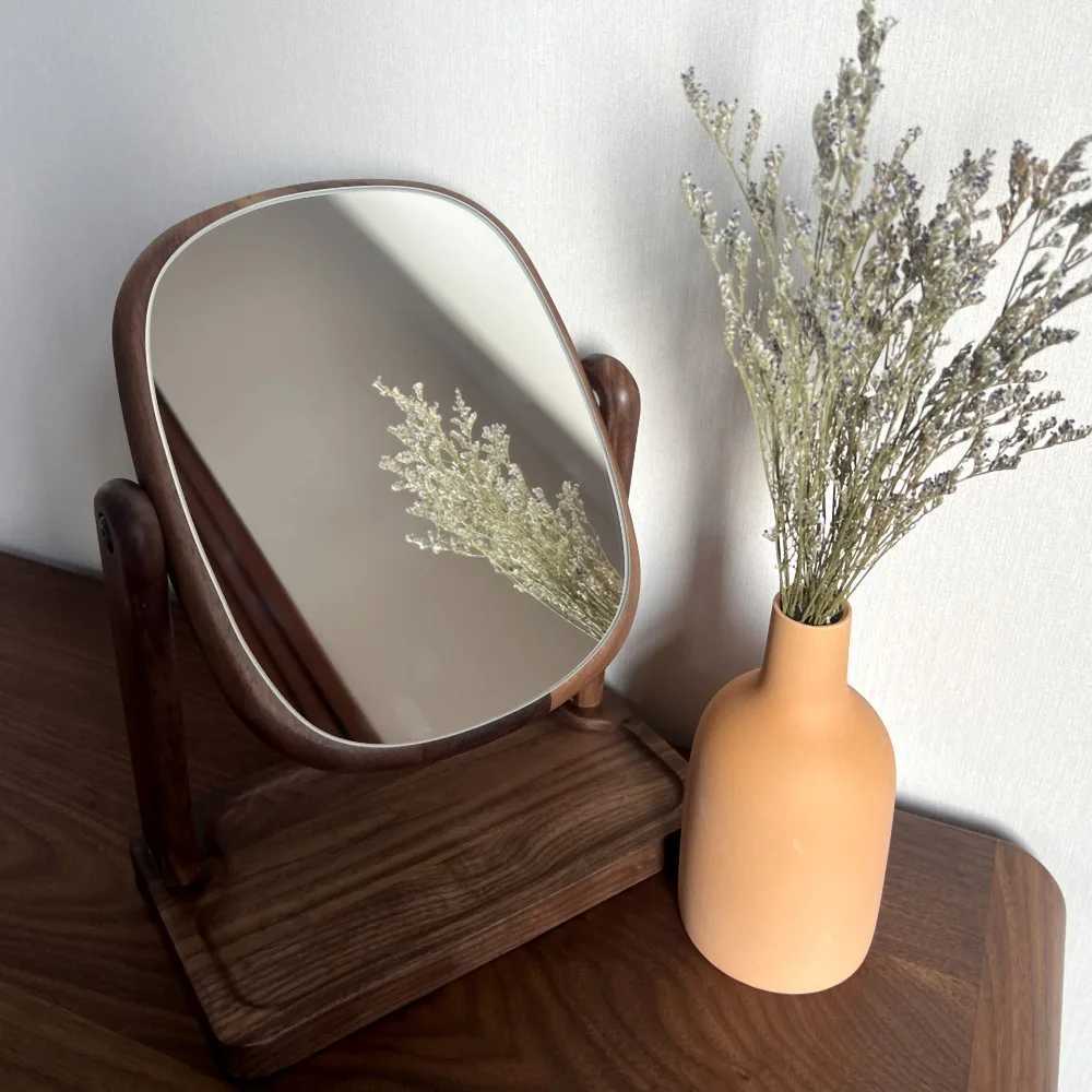 Solid Wood Makeup Mirror Storage Integrated Black Walnut Dressing Mirror Rotating Desktop Makeup Mirror HD Portable Holiday Gift C250916