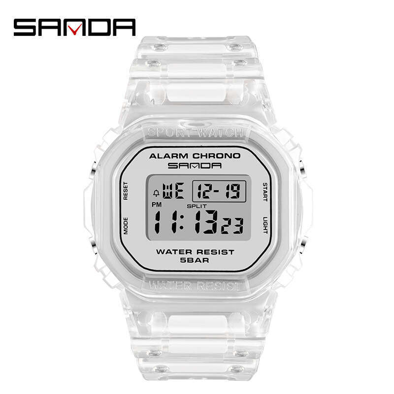 DHgargets Sanda Square Transparent Strap Electronic Watch Multi-Function Luminous Waterproof Outdoor Sports Student Wristwatch