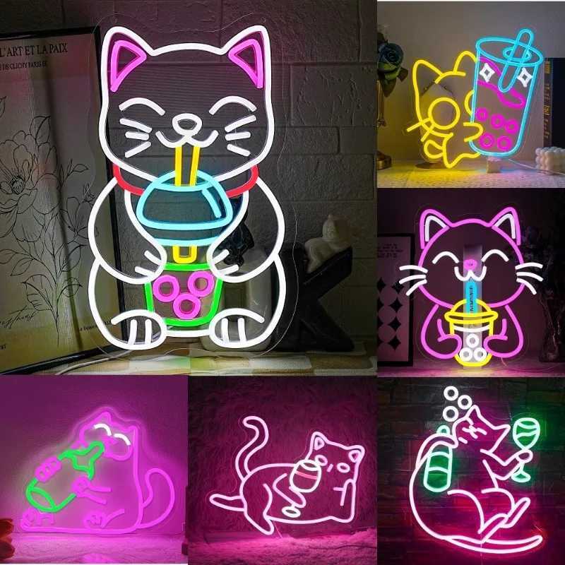 Boba Tea Neon Sign Cat Beer Neon Sign Bubble Tea Shop Sign Led Wall Decor Dimmable Room Decoration Dessert Shop Bar Club USB Y250916