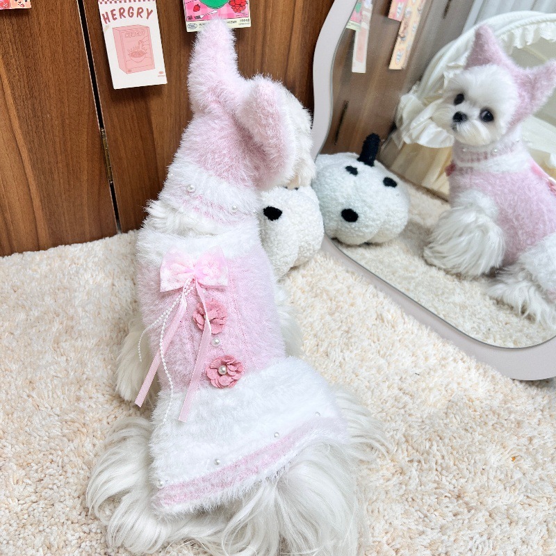 Winter Pet Mink Velvet Beaded Flower Warm Vest Dress for Dogs and Cats Bichon Maltese Corgi Pomeranian Yorkshire Terrier