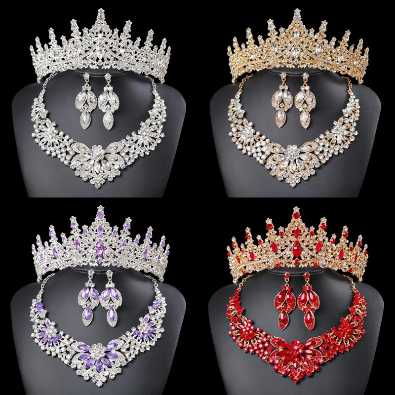 Crystal Bridal Tiaras Crown Women Queen Princess Purple Pink Red Blue Green Necklace Sets Fashion Jewelry Set Diadems 250915