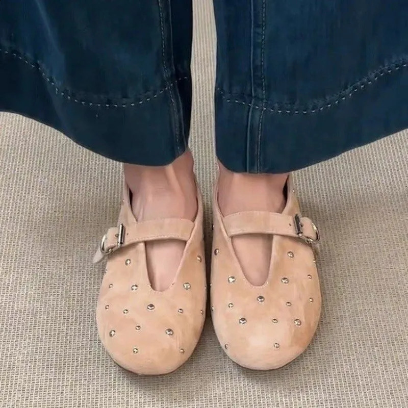 Summer Mary Jane Shoes for Women Fashion Rivet Suede Classic Retro Brown Casual Soft Bottom Comfortable Ladies Flats 250916