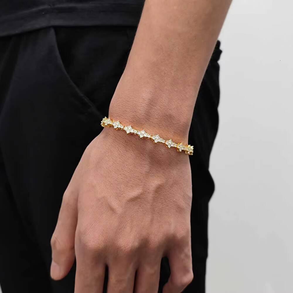 NUOYA Hiphop Jewelry 6.5mm Lced Out Flower Tennis Chain 18K Gold Plated Micro Pave CZ Diamond Tennis Chain Bracelet