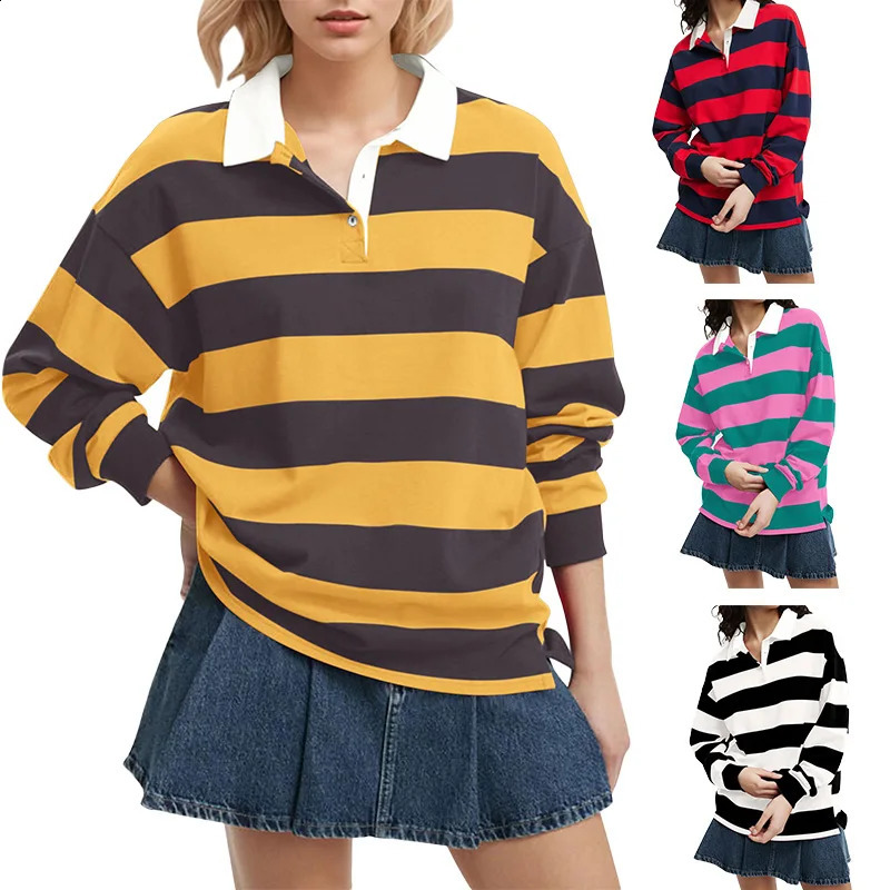 Wholesale Stock Women Striped Lapel Tops Heavyweight Loose Fit Long Sleeve Rugby Sportswear Casual Golf Polo Shirts 250916