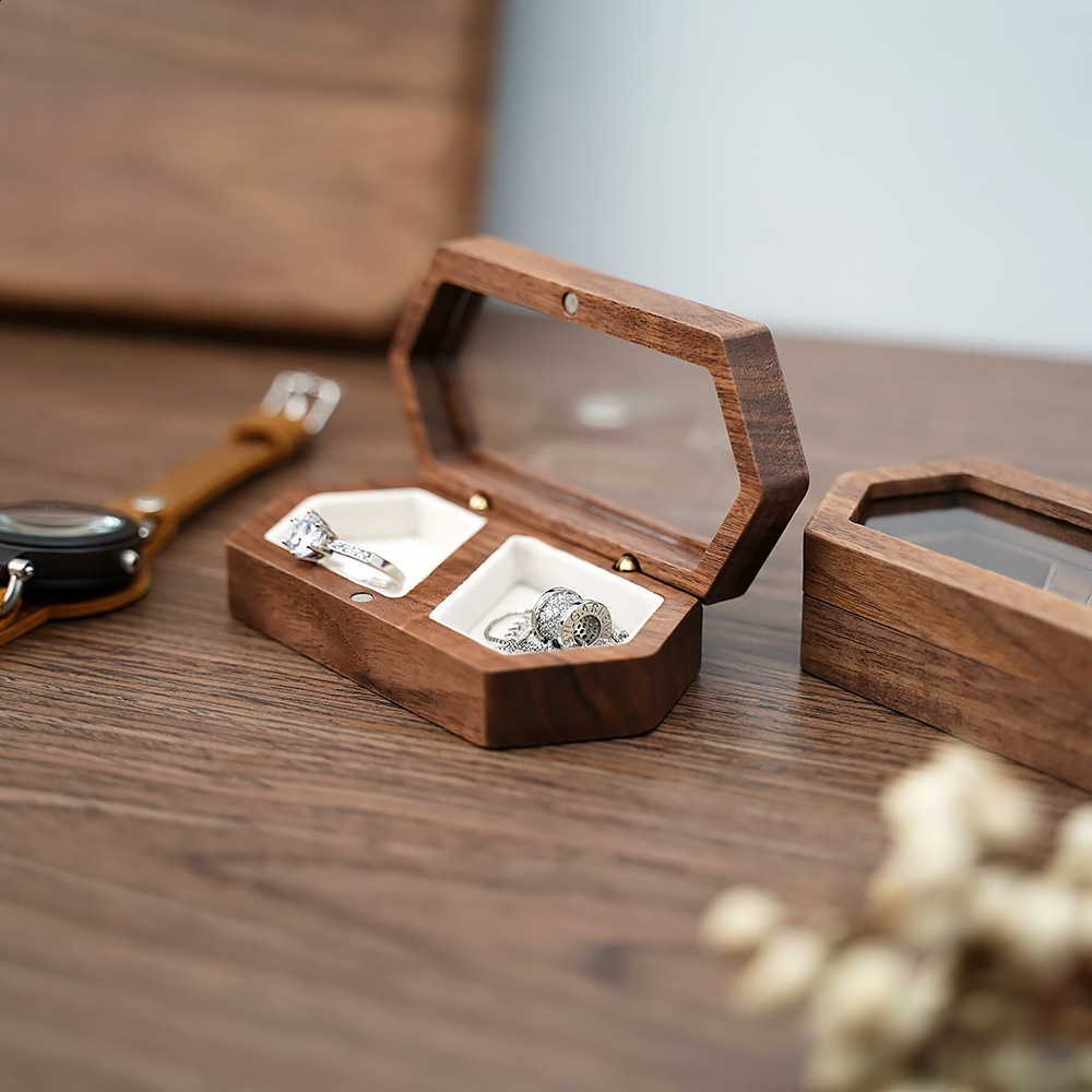 Free Custom Personalized Walnut Wooden Ring Box Engraved Engagement and Wedding Ring Holder Gift for Couples Brides and Grooms 250106