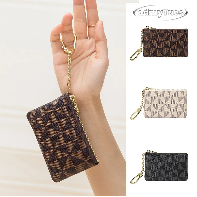 Bestseller Coin Key Storage Bag with Chain Women Mini Coin Purse Luxury Designer Plaid Leather Small Zipper Wallet Ladies Keychain Trendy ddmytues
