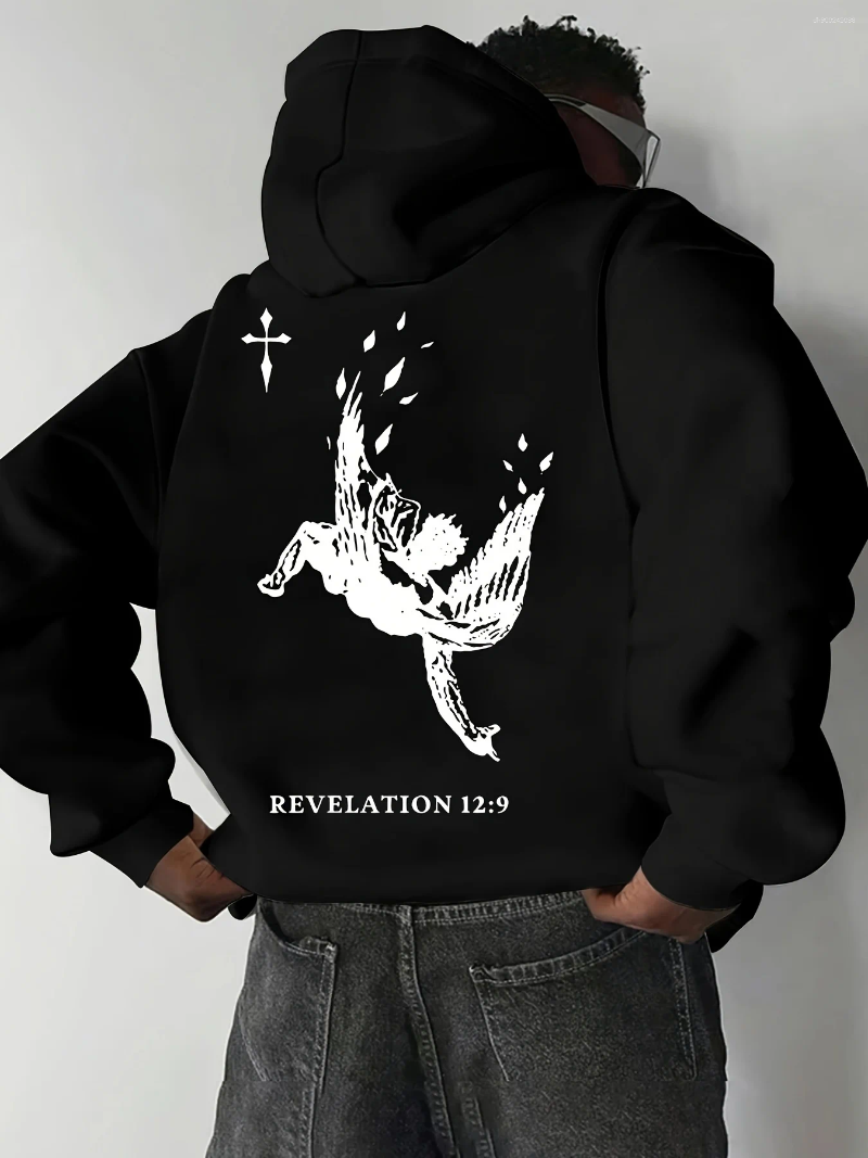 Men's Hoodies Autumn Winter Streetwear Hooded Sweatshirt With Fallen Angel & Cross Print Loose Casual Cotton Tops REVELATION 12:9 Design