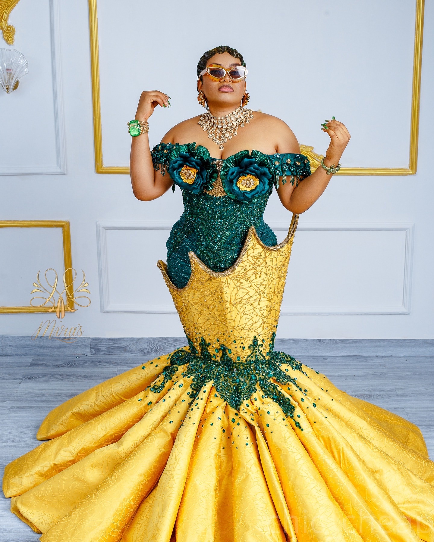 Aso Ebi Mermaid Green Yellow Prom Dresses 2025 Flowers Crystals Lace Evening Formal Party Second Birthday Engagement Gowns Plus Size Dress For Special