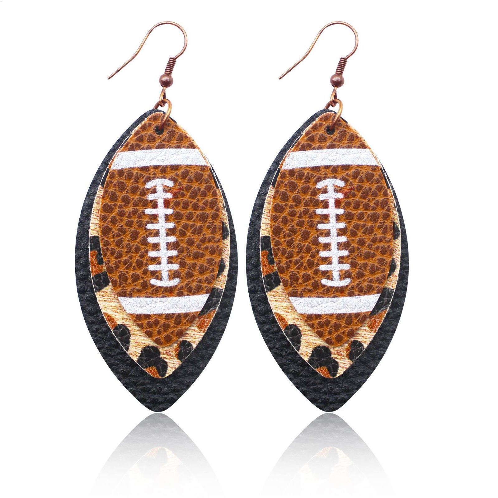 Sporty Rugby Brown Leopard Print Leaf ThreeLayer Leather Studded Rugby Earrings