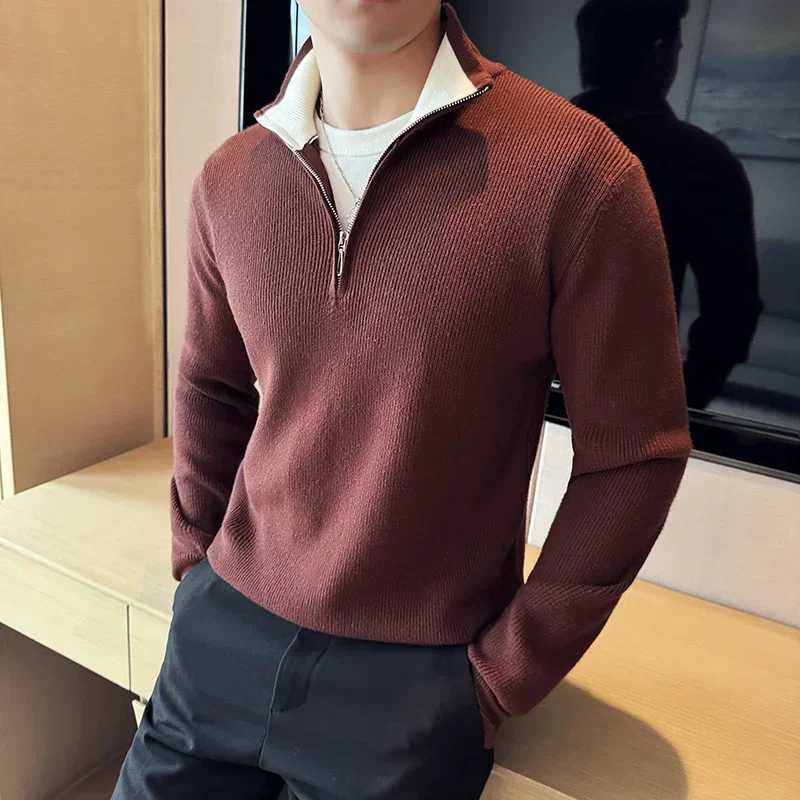 2024 Autumn Winter Sweater For Men High Quality Half Zipper Coat Mens Stand up Collar Color Blocked Slim Fit Knitted Pullover Z250916