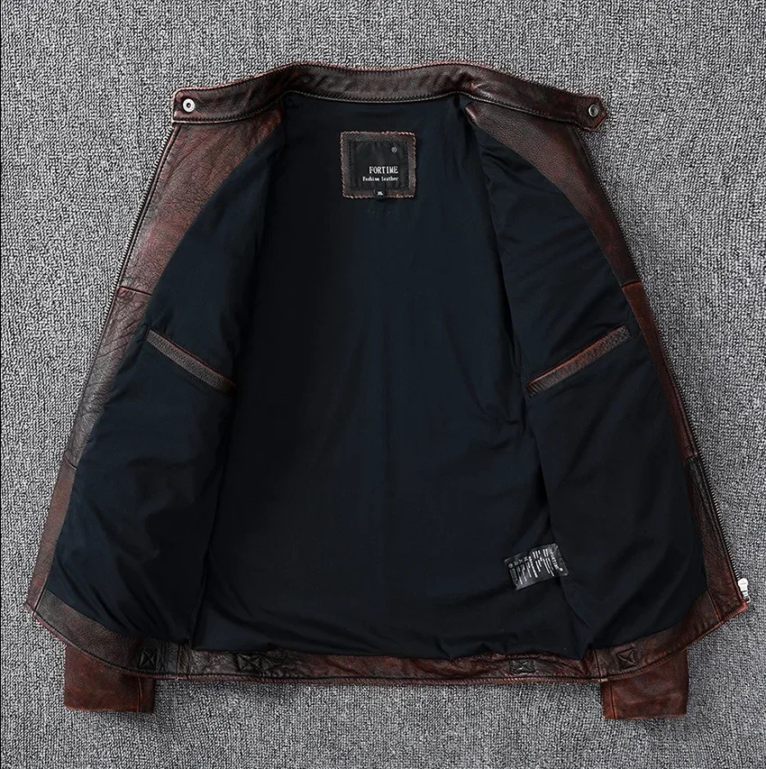 Vintage Style Mens Cowhide Clothes Biker Genuine Leather Jacket Fashion Brown slim coat men 250916