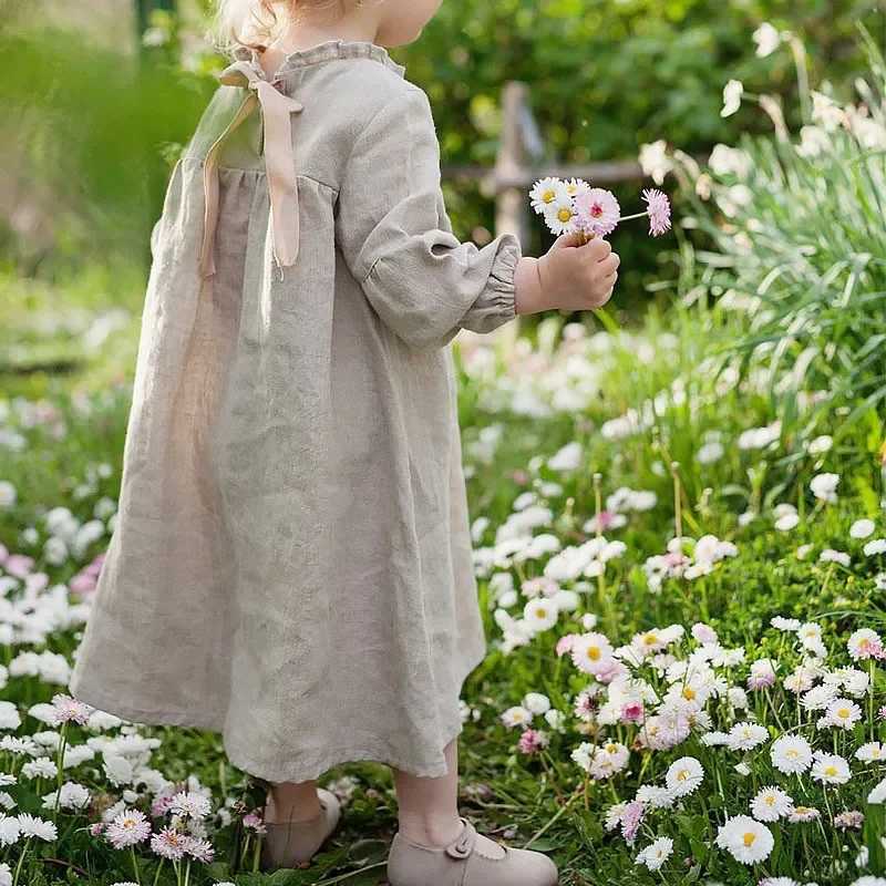 Autumn Rustic Style Girls LongSleeved Linen Dress 2025 New Childrens Wooden Ear Collar Back Ties Casual Loose Princess Dresses C250916