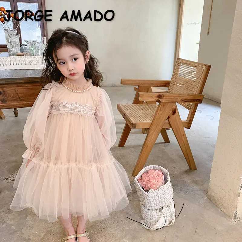 Korean Style Kids Girl Princess Dress Round Collar Party Dresses with Lace Mesh Long Sleeves for Children Clothing E99011 C250916