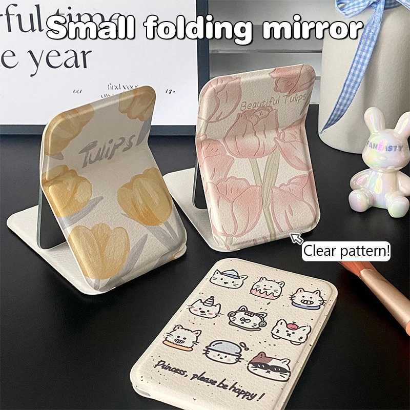 Desktop Makeup Mirror Solid Color PU Leather Simple Portable Handheld Makeup Mirror Foldable Student Compact Cute Pocket Mirror Y2509161