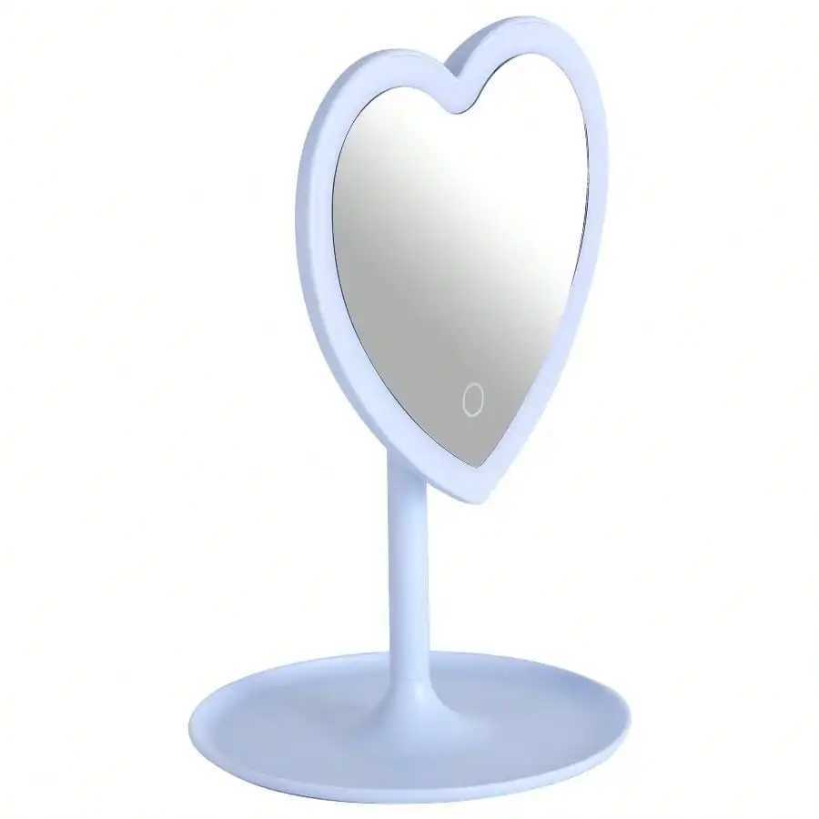 Tall light blue plastic frame tabletop heart shaped LED lighted mirror with trinket tray for bedroom vanity decor C250916
