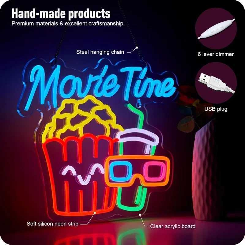 Movie Night with Popcorn Carton Neon for Wall Decor Home Theater Decor Dimmable USB for Cinema Man Cave Party Birthday Y250916