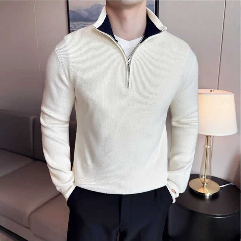 2024 Autumn Winter Sweater For Men High Quality Half Zipper Coat Mens Stand up Collar Color Blocked Slim Fit Knitted Pullover Z250916