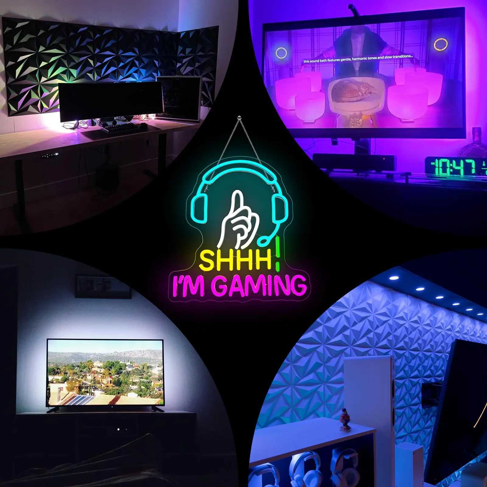 Shhh Im Gaming Neon Sign LED Wall Light with Headset Finger Gesture Design Gamer Room Neon Decor for Bedroom Game Room Gift Y250916