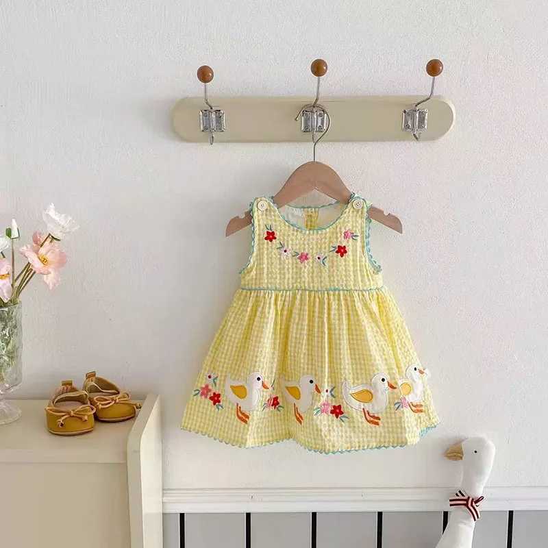 Summer Kids Sundress 9M4T Toddler Pink Bunny Grid Sleeveless Dress Children Girls Yellow Clothes C250916