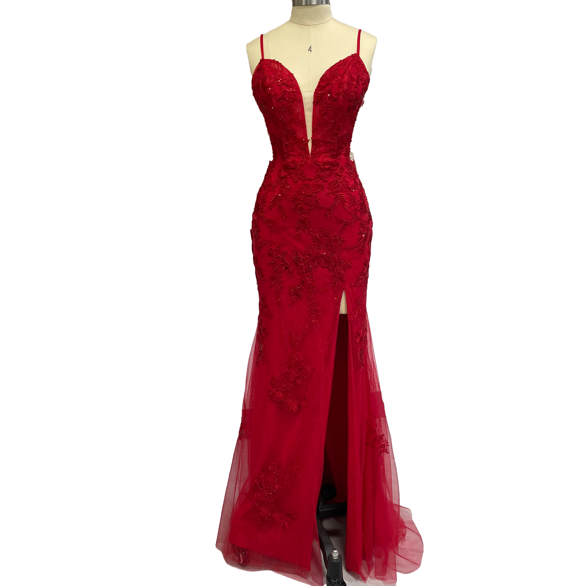 Evening Dresses Red Lace Sequin Spaghetti Strap Mermaid Evening Gown - Plunging V - Neck Formal Prom Dress with Side Slit