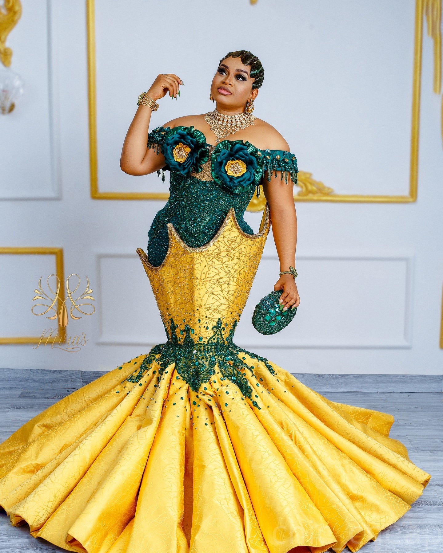 Aso Ebi Mermaid Green Yellow Prom Dresses 2025 Flowers Crystals Lace Evening Formal Party Second Birthday Engagement Gowns Plus Size Dress For Special