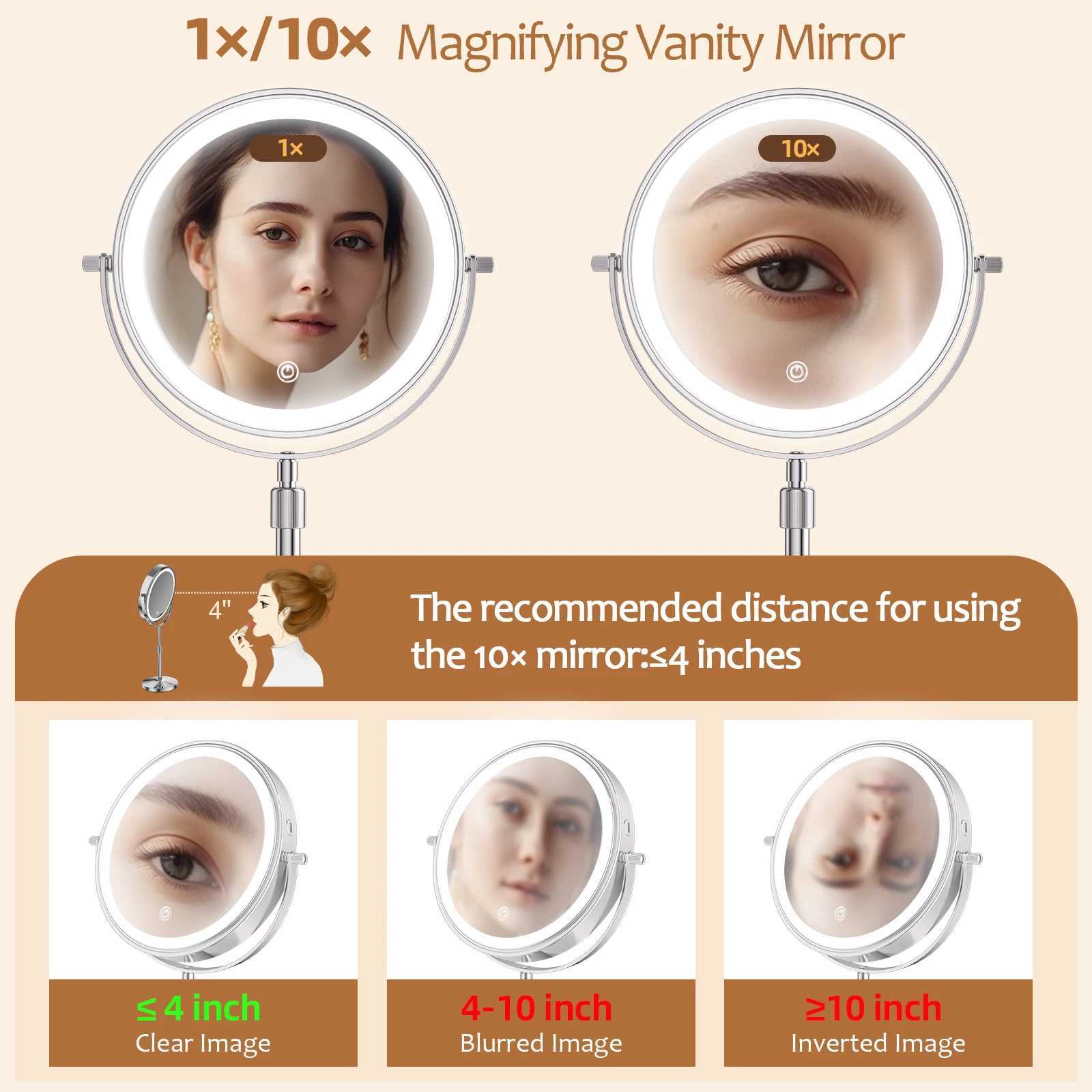 8 Inch Makeup Mirror With Light Lamp 10X Magnification 3 Color LightsAdjustable Brightness Height Standing Cosmetic Mirror C250916