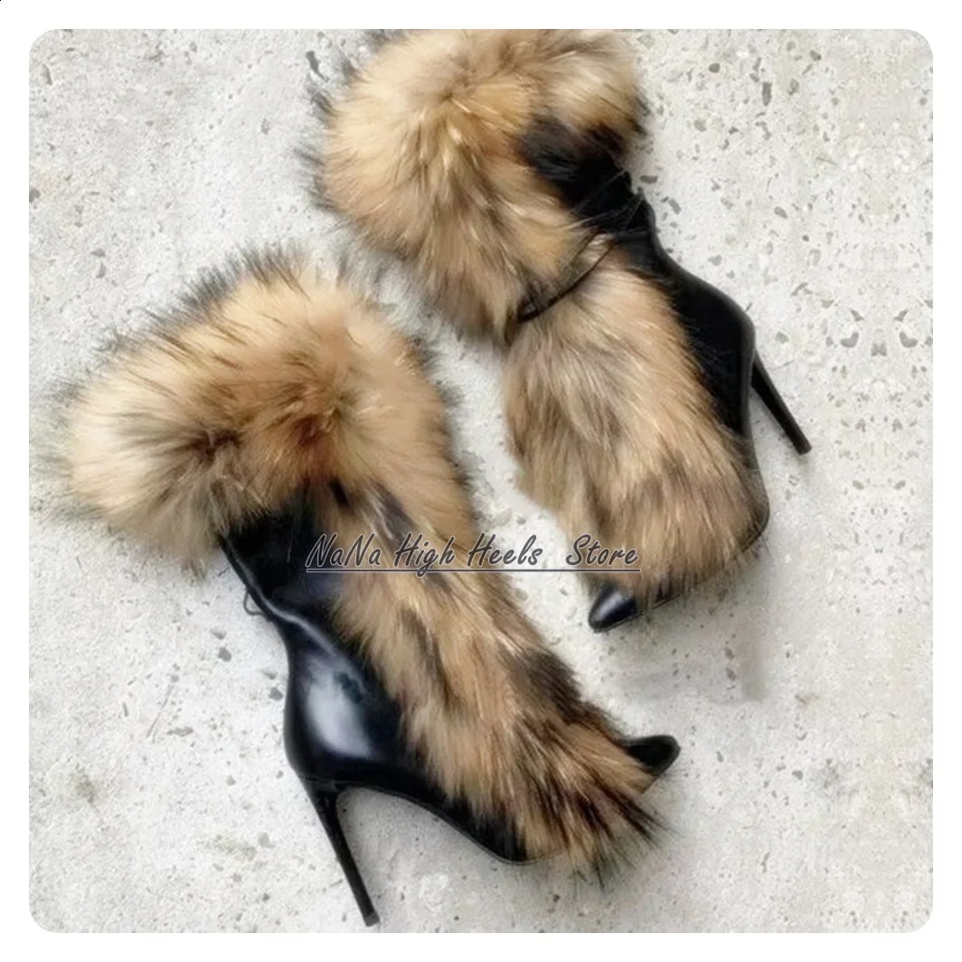 Fashion Classy Furry Street Midcalf Boots Women Fluf Pointy Toe Stiletto Heel Leather Boots Lady Party Shoes zapatillas mujer 250915