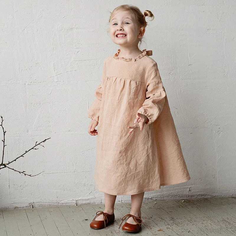 Autumn Rustic Style Girls LongSleeved Linen Dress 2025 New Childrens Wooden Ear Collar Back Ties Casual Loose Princess Dresses C250916