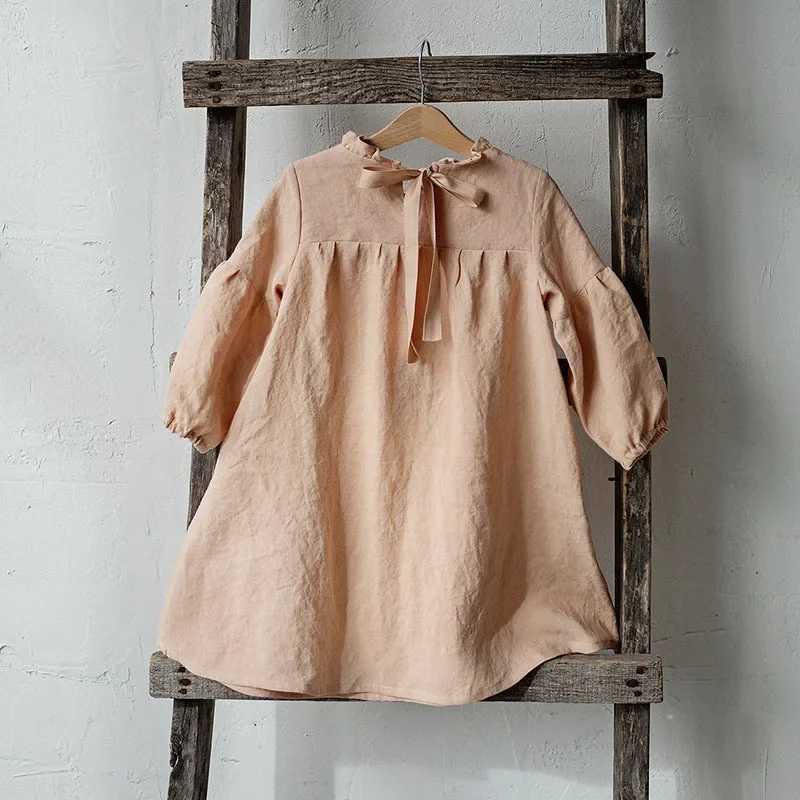 Autumn Rustic Style Girls LongSleeved Linen Dress 2025 New Childrens Wooden Ear Collar Back Ties Casual Loose Princess Dresses C250916