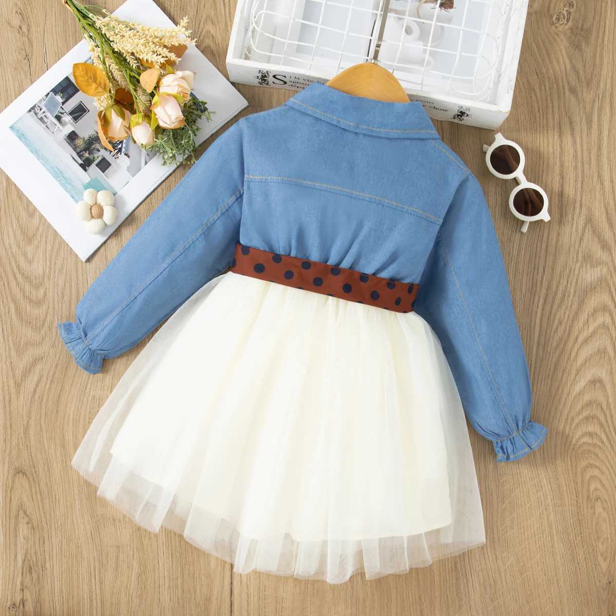 Spring Long Sleeved Dress Girl Denim Blue Dress Fake Two Pieces Tutu Dress For Kids Send Bow Belt C250916