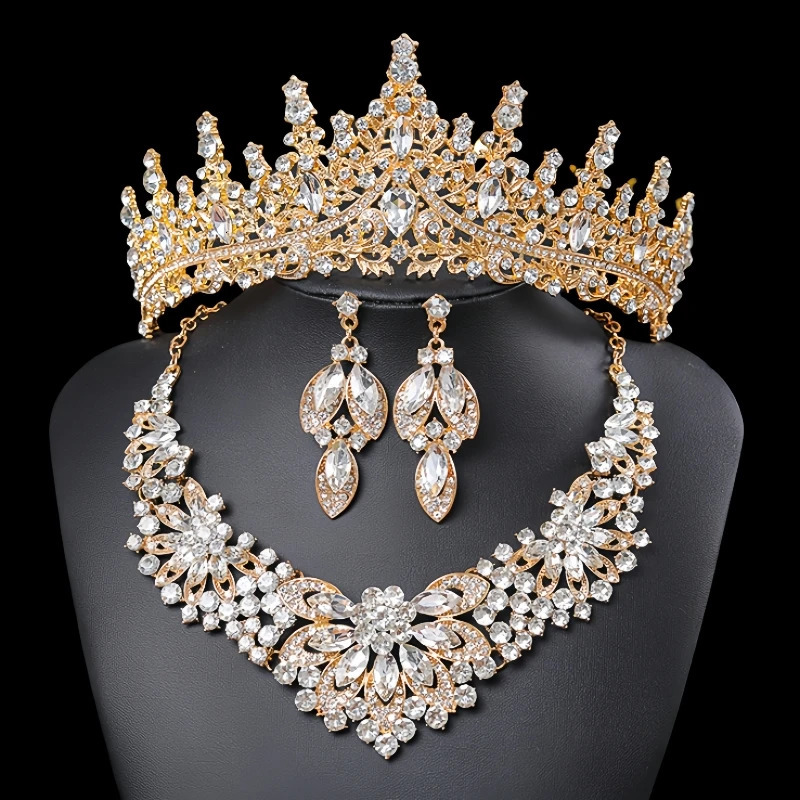 Crystal Bridal Tiaras Crown Women Queen Princess Purple Pink Red Blue Green Necklace Sets Fashion Jewelry Set Diadems 250915