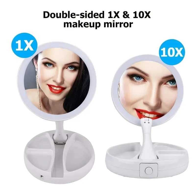 DoubleSided Travel LED Makeup Mirror with 10X Magnification Folding Portable Cosmetic Mirror with Lights Dual Powered Supply C250916