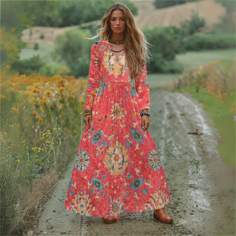 Women's Autumn Winter New Ethnic Vintage Printed Maxi Dress Fashion Vacation Style Long Sleeve Gown CF50921